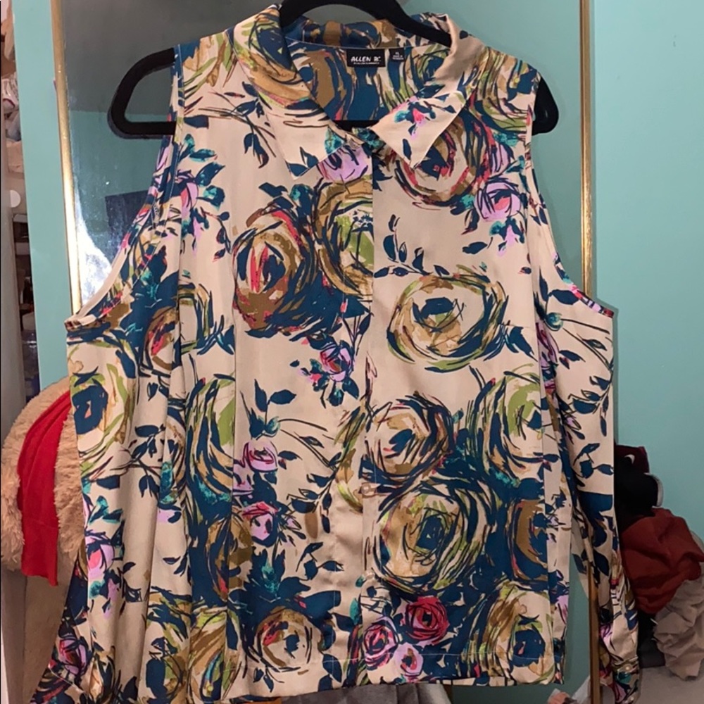 Multicolor button down with open shoulder sleeves